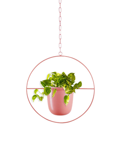 Round Hanging Metal Pot Stand with Planter (14 Inch Dia* 6.75 Inch Pot) for Indoor & Outdoor Plants Living Room Balcony Zen Decoration with hanging chain(Plant is not Included)