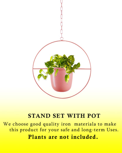 Round Hanging Metal Pot Stand with Planter (14 Inch Dia* 6.75 Inch Pot) for Indoor & Outdoor Plants Living Room Balcony Zen Decoration with hanging chain(Plant is not Included)