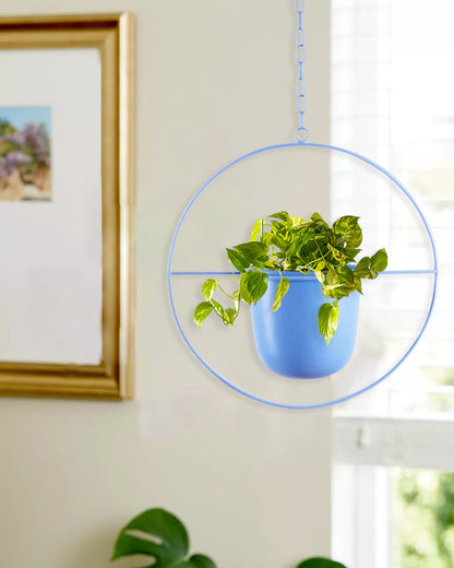 Round Hanging Metal Pot Stand with Planter (14 Inch Dia* 6.75 Inch Pot) for Indoor & Outdoor Plants Living Room Balcony Zen Decoration with hanging chain(Plant is not Included)