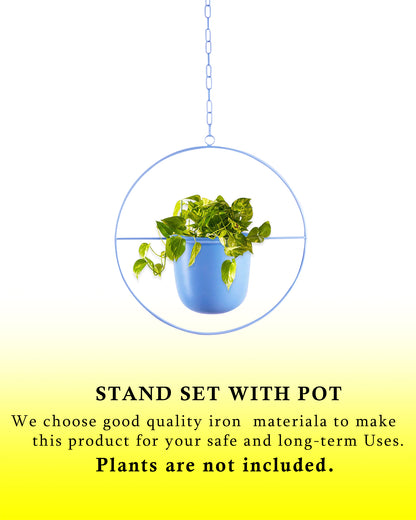 Round Hanging Metal Pot Stand with Planter (14 Inch Dia* 6.75 Inch Pot) for Indoor & Outdoor Plants Living Room Balcony Zen Decoration with hanging chain(Plant is not Included)