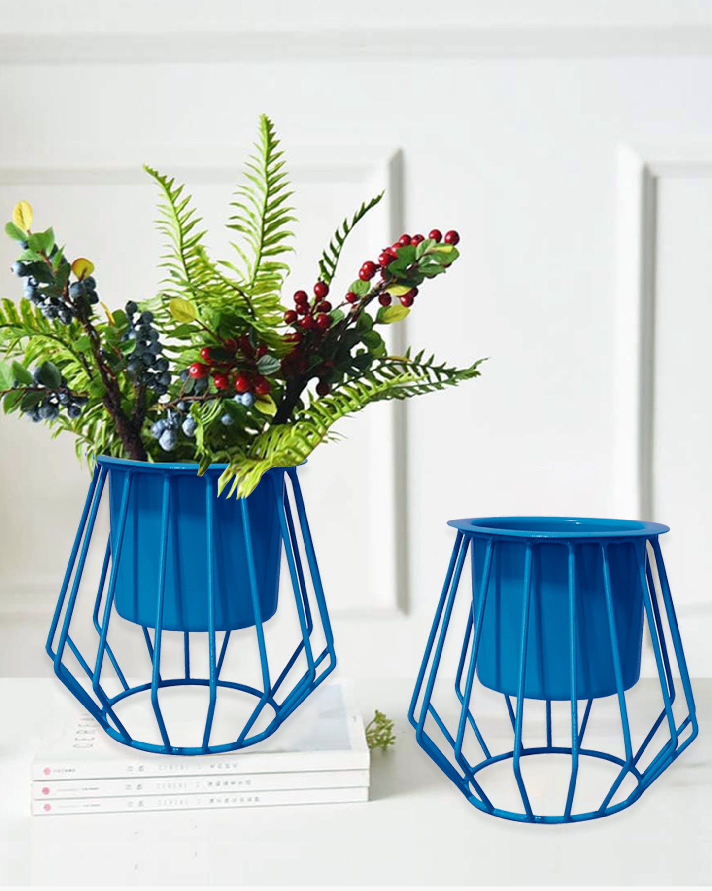 Combo of 2 Table Top Designer Metallic Metal Stand with Planters, Small White Metal Pots for Livingroom, Balcony & Home Decoration, set of 2, Trapezium