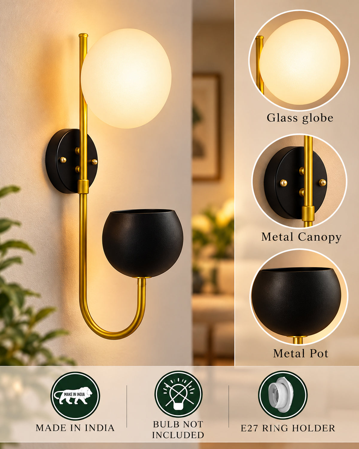 Wall Light Geometric Wall Lamp, Modern Wall Lamp with Storage Planter for Living Room Study Stairs Bedroom Lights Bedside, Elliptical