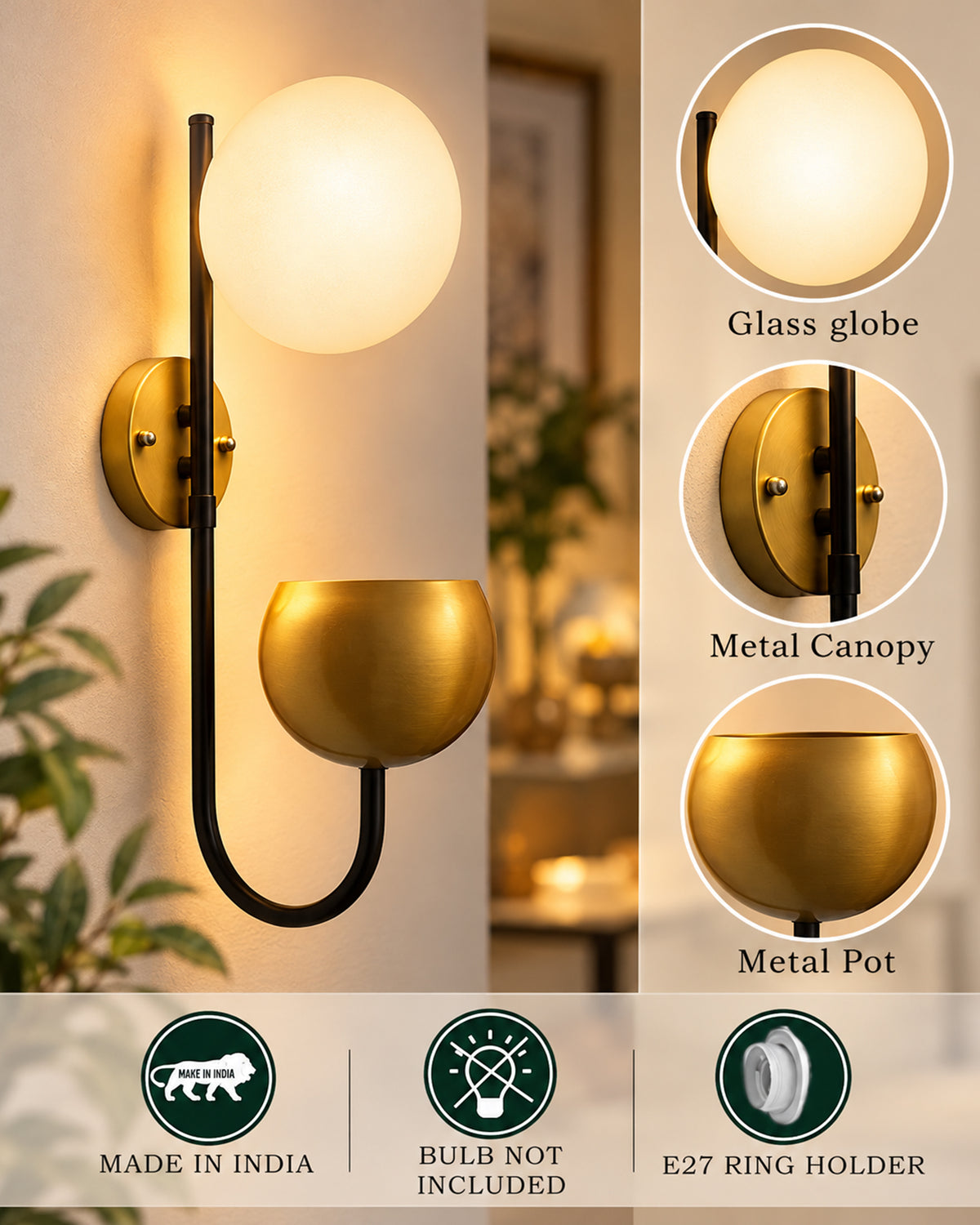 Wall Light Geometric Wall Lamp, Modern Wall Lamp with Storage Planter for Living Room Study Stairs Bedroom Lights Bedside, Elliptical
