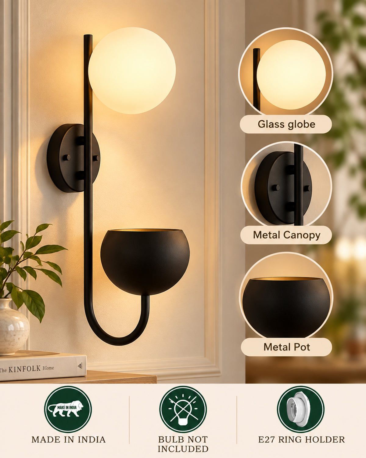Wall Light Geometric Wall Lamp, Modern Wall Lamp with Storage Planter for Living Room Study Stairs Bedroom Lights Bedside, Round Glass