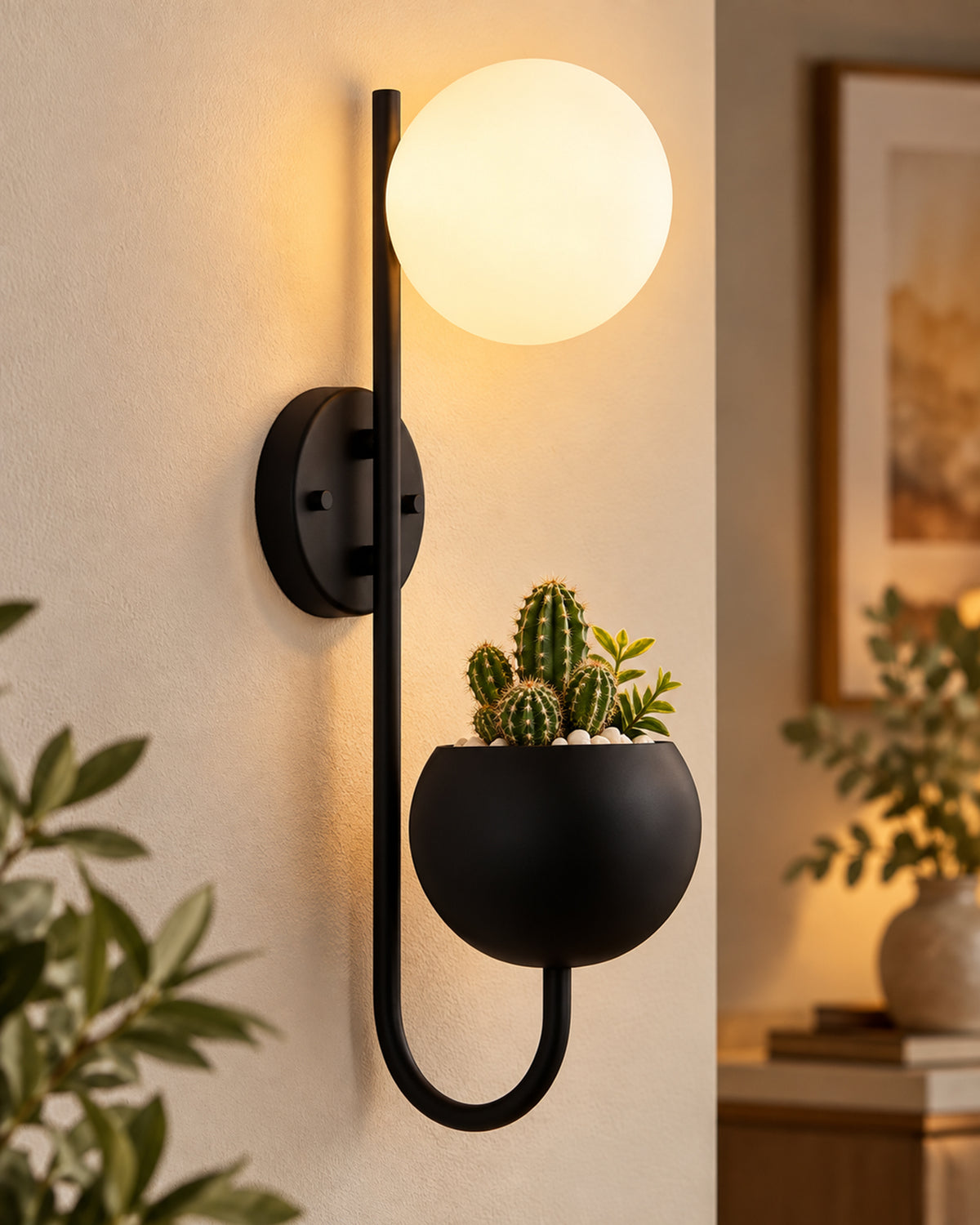 Wall Light Geometric Wall Lamp, Modern Wall Lamp with Storage Planter for Living Room Study Stairs Bedroom Lights Bedside, Round Glass