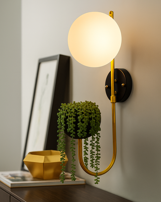 Wall Light Geometric Wall Lamp, Modern Wall Lamp with Storage Planter for Living Room Study Stairs Bedroom Lights Bedside, Round Glass