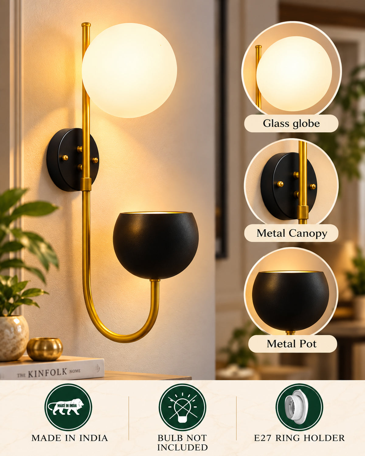Wall Light Geometric Wall Lamp, Modern Wall Lamp with Storage Planter for Living Room Study Stairs Bedroom Lights Bedside, Round Glass