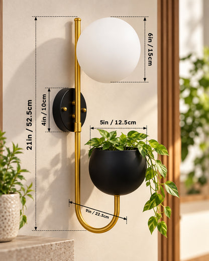Wall Light Geometric Wall Lamp, Modern Wall Lamp with Storage Planter for Living Room Study Stairs Bedroom Lights Bedside, Round Glass