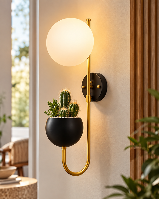 Wall Light Geometric Wall Lamp, Modern Wall Lamp with Storage Planter for Living Room Study Stairs Bedroom Lights Bedside, Round Glass