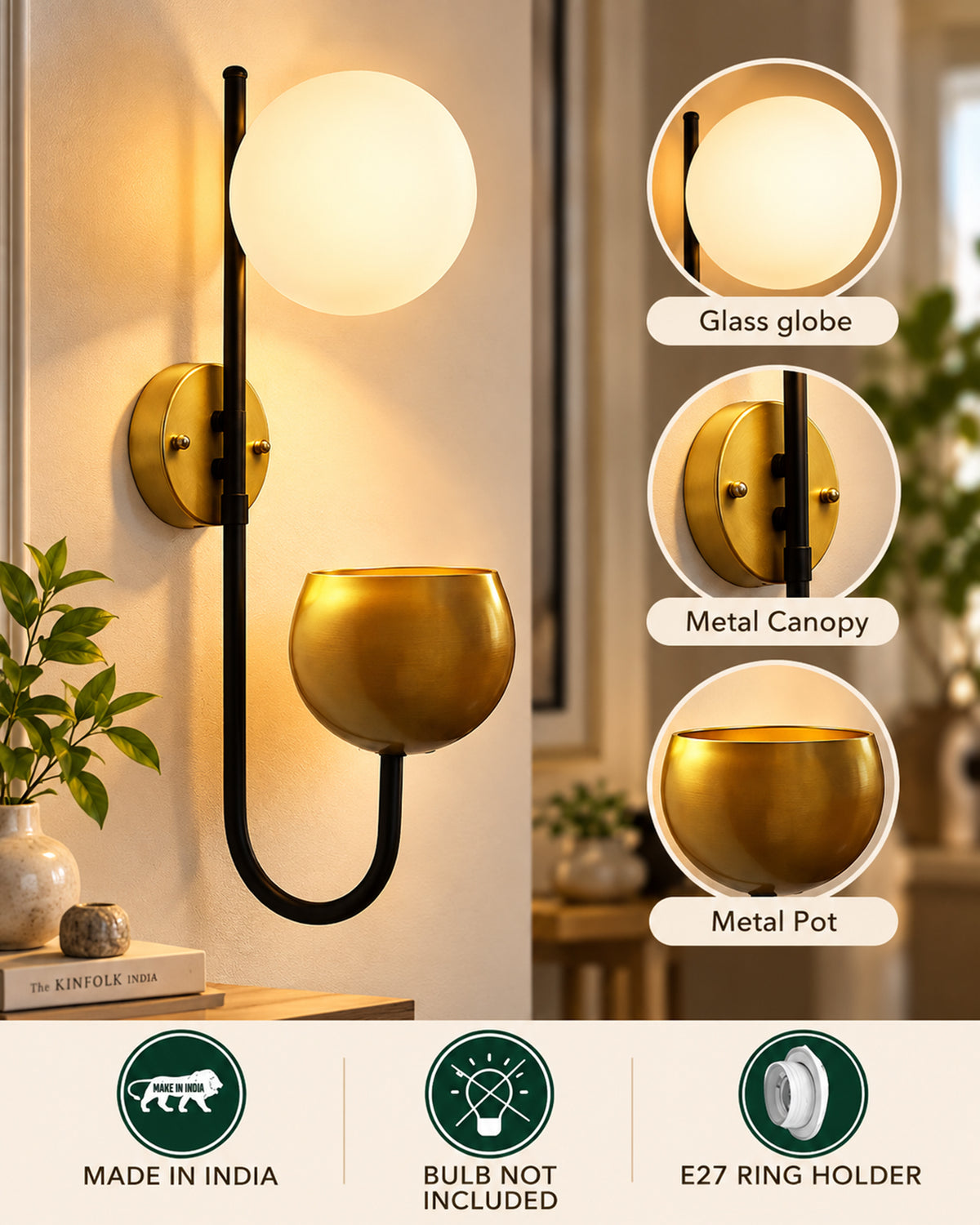 Wall Light Geometric Wall Lamp, Modern Wall Lamp with Storage Planter for Living Room Study Stairs Bedroom Lights Bedside, Round Glass