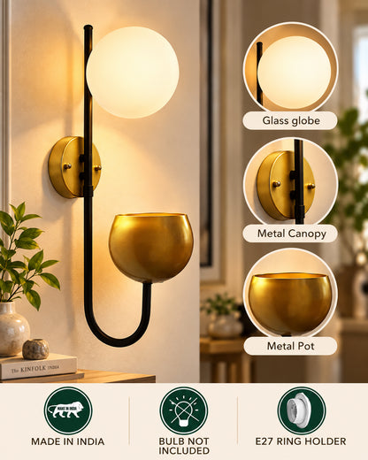 Wall Light Geometric Wall Lamp, Modern Wall Lamp with Storage Planter for Living Room Study Stairs Bedroom Lights Bedside, Round Glass