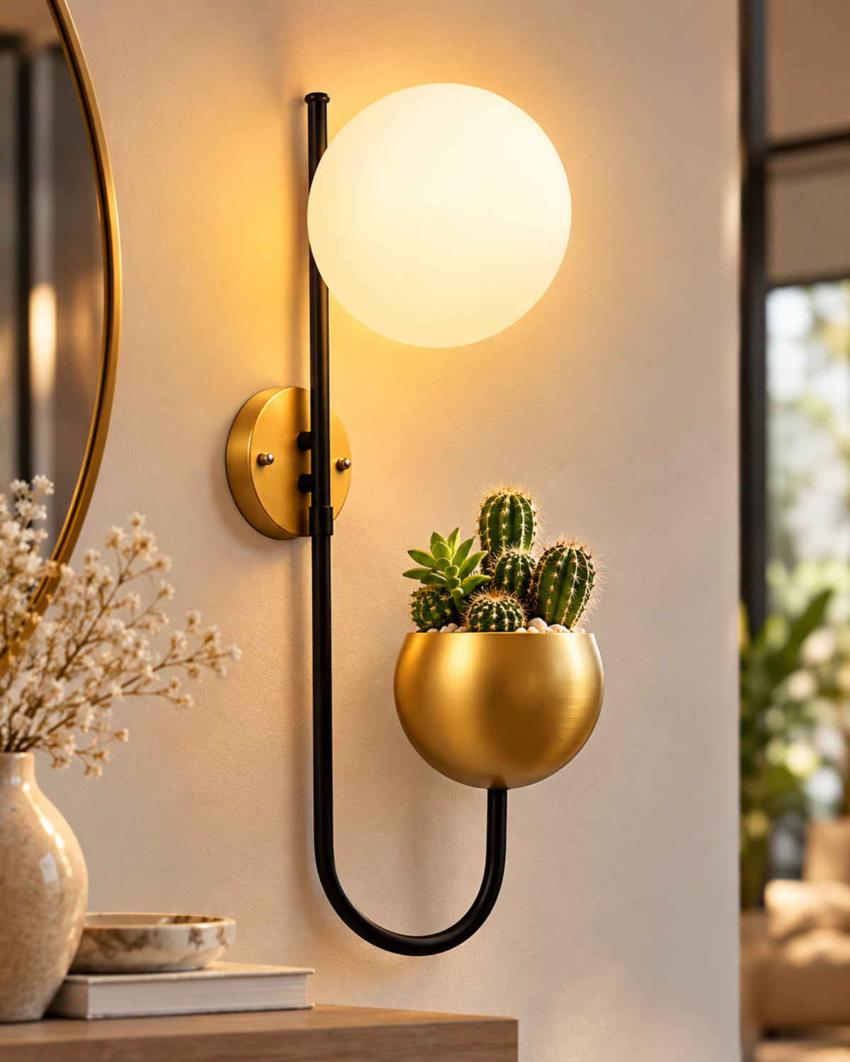 Wall Light Geometric Wall Lamp, Modern Wall Lamp with Storage Planter for Living Room Study Stairs Bedroom Lights Bedside, Round Glass