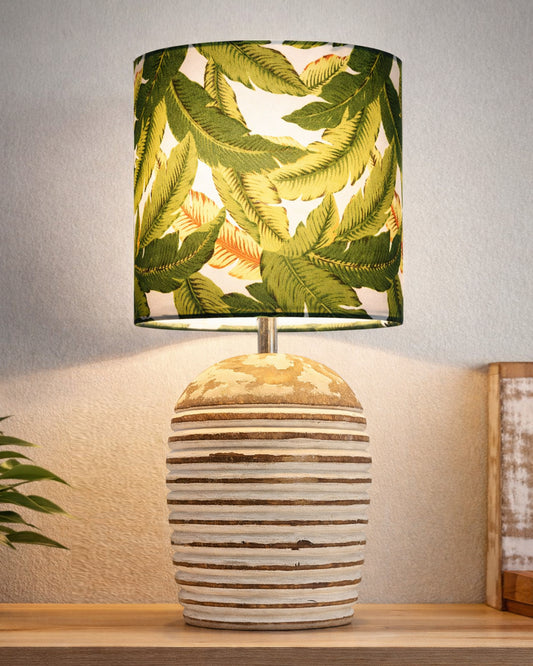 Modern Table Lamp, Wooden Base Modern Fabric Lampshade for Home Office Cafe Restaurant, Ribbed Basket