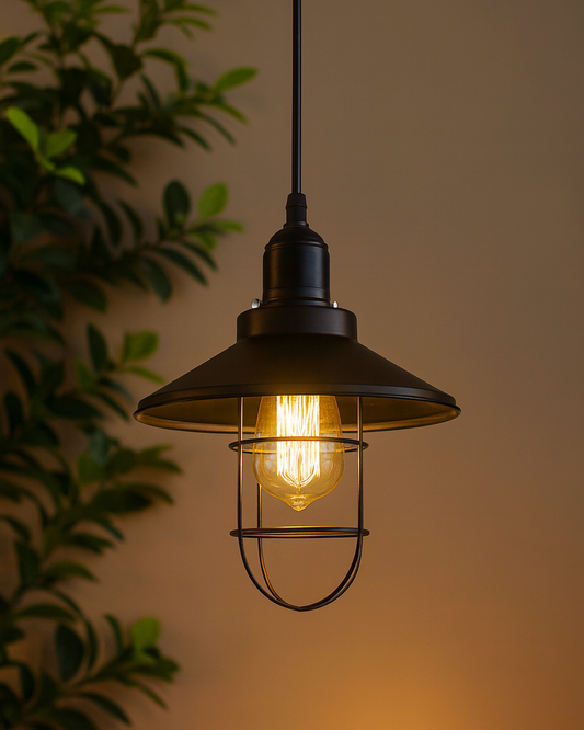 Rex Metal Shade with Cage Pendant Light Edison Hanging Lamp, Matt Black Ceiling Lamp