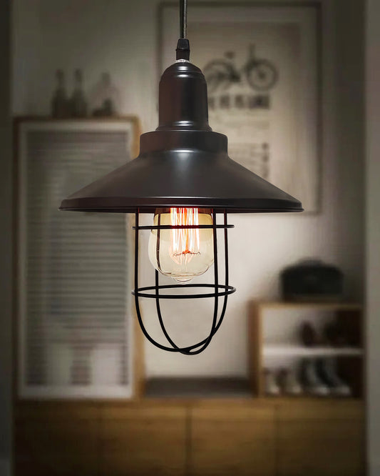 Rex Metal Shade with Cage Pendant Light Edison Hanging Lamp, Matt Black Ceiling Lamp