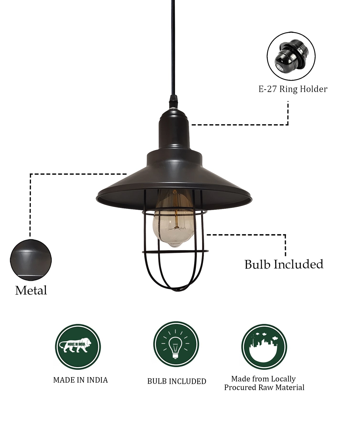 Rex Metal Shade with Cage Pendant Light Edison Hanging Lamp, Matt Black Ceiling Lamp