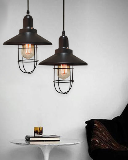 Rex Metal Shade with Cage Pendant Light Edison Hanging Lamp, Matt Black Ceiling Lamp