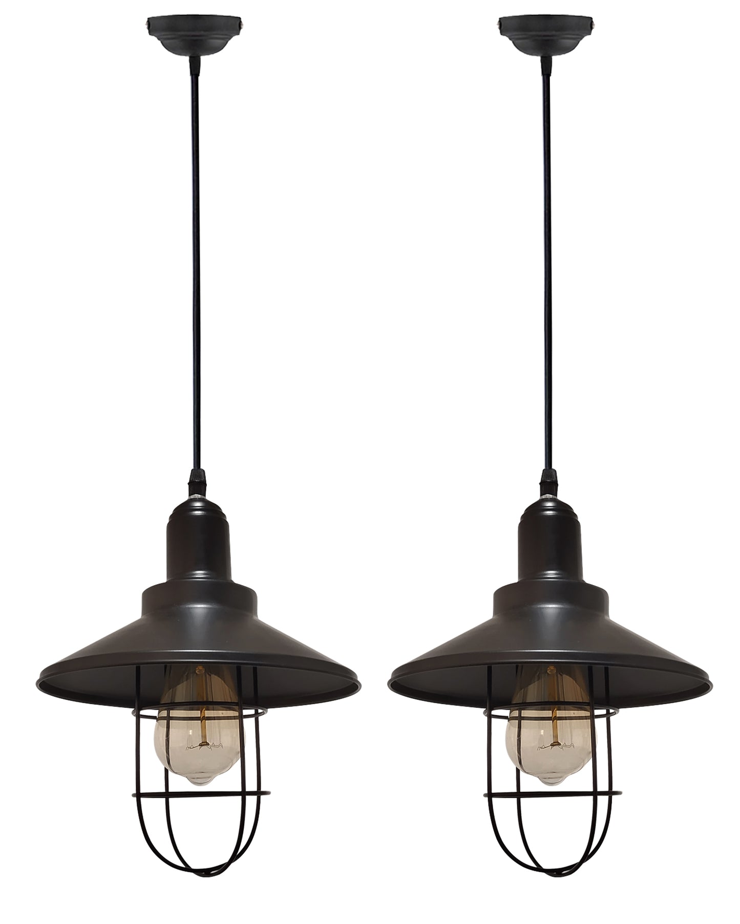 Rex Metal Shade with Cage Pendant Light Edison Hanging Lamp, Matt Black Ceiling Lamp