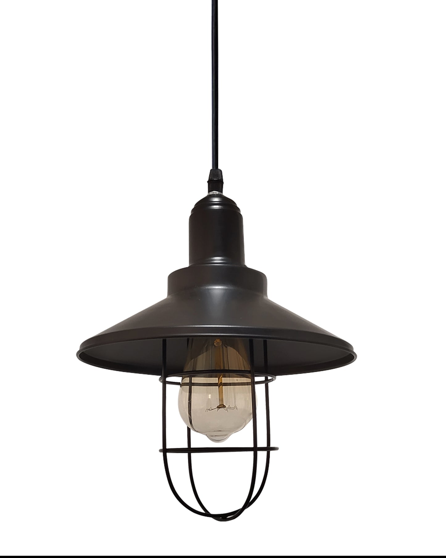 Rex Metal Shade with Cage Pendant Light Edison Hanging Lamp, Matt Black Ceiling Lamp