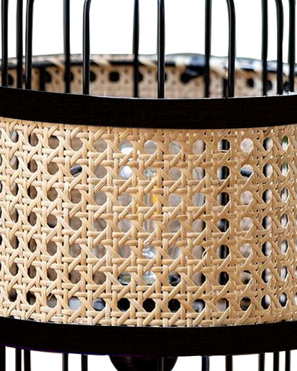 10" Modern Natural Rattan Cane Beige Mesh Webbing Wicker Metal Table lamp Boho Hollowed Out Beside Lamp for Living Room Bedroom Office Study