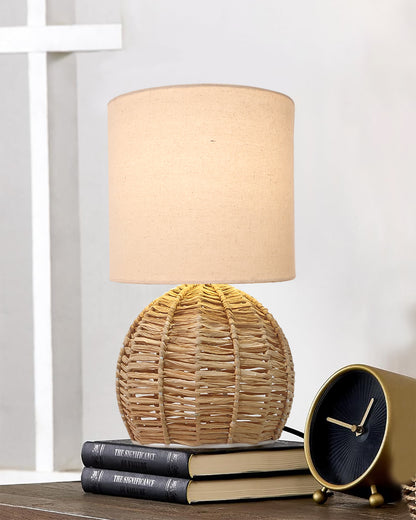 Raffia Rattan Table Lamp, Small Nightstand Lamp with Linen Fabric Lampshade, Desk Lamp Bedside Lamp for Living Room Home Office Round