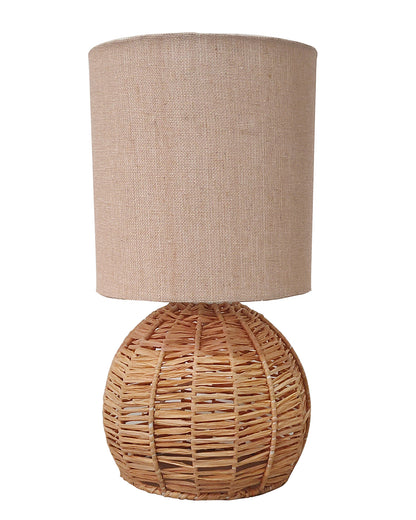 Raffia Rattan Table Lamp, Small Nightstand Lamp with Linen Fabric Lampshade, Desk Lamp Bedside Lamp for Living Room Home Office Round