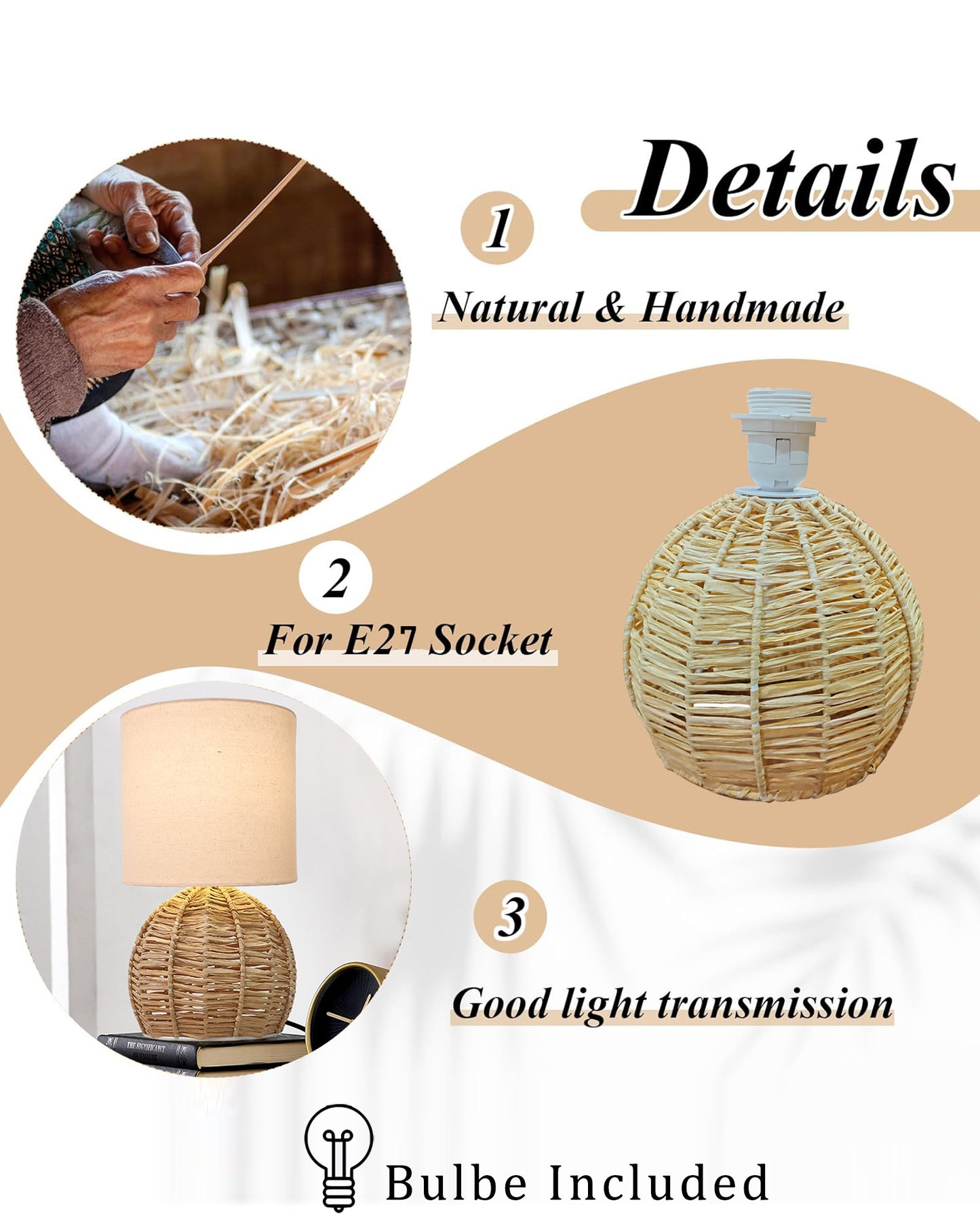 Raffia Rattan Table Lamp, Small Nightstand Lamp with Linen Fabric Lampshade, Desk Lamp Bedside Lamp for Living Room Home Office Round
