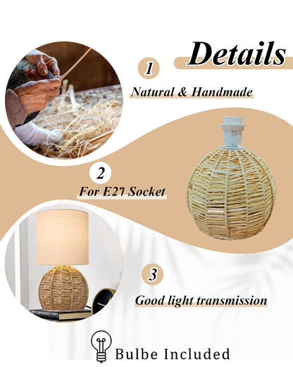 Raffia Rattan Table Lamp, Small Nightstand Lamp with Linen Fabric Lampshade, Desk Lamp Bedside Lamp for Living Room Home Office Round