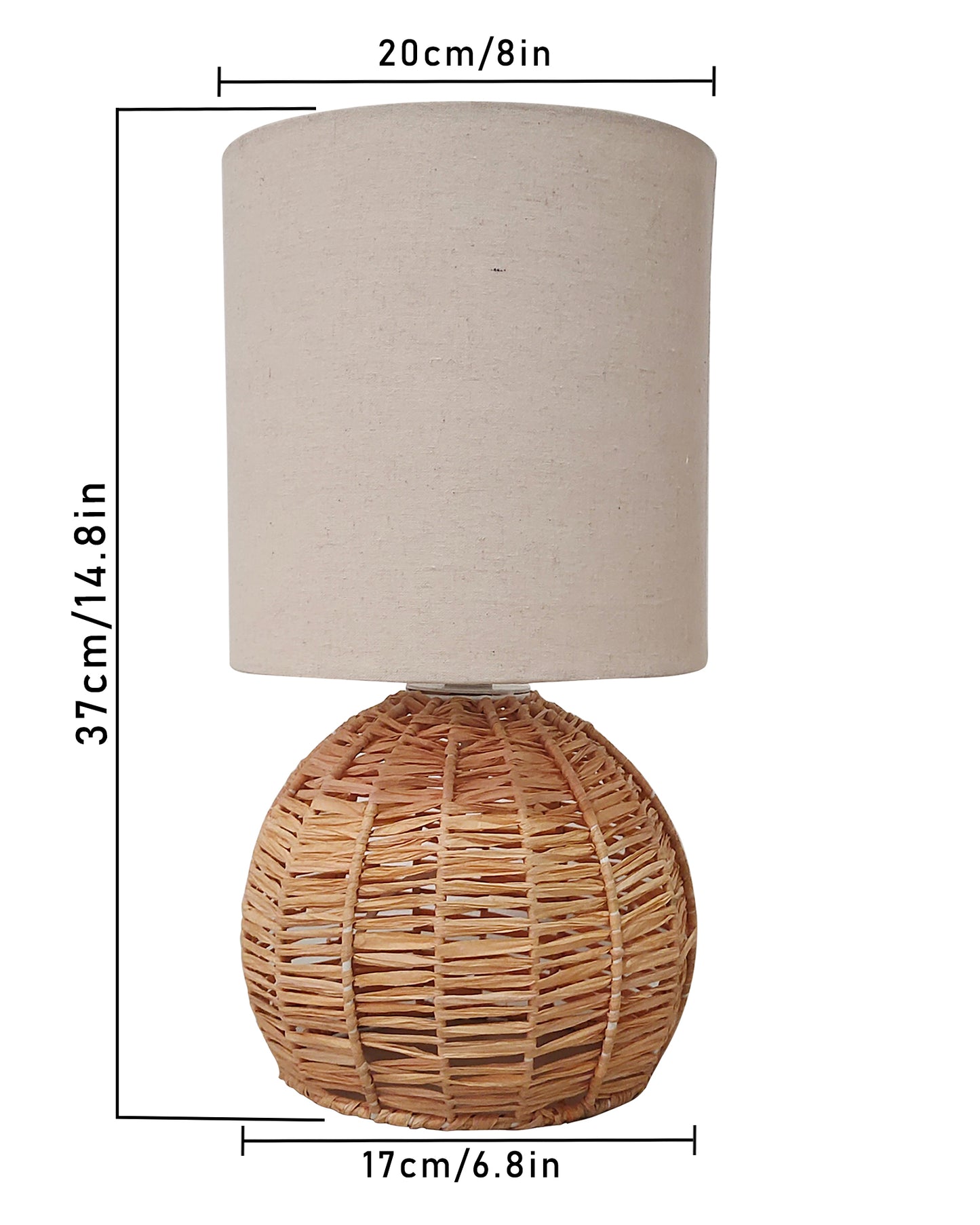 Raffia Rattan Table Lamp, Small Nightstand Lamp with Linen Fabric Lampshade, Desk Lamp Bedside Lamp for Living Room Home Office Round