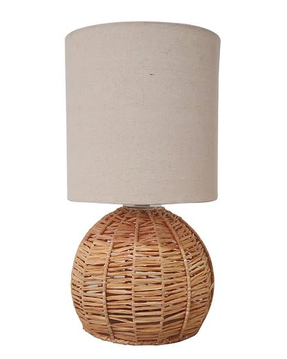 Raffia Rattan Table Lamp, Small Nightstand Lamp with Linen Fabric Lampshade, Desk Lamp Bedside Lamp for Living Room Home Office Round