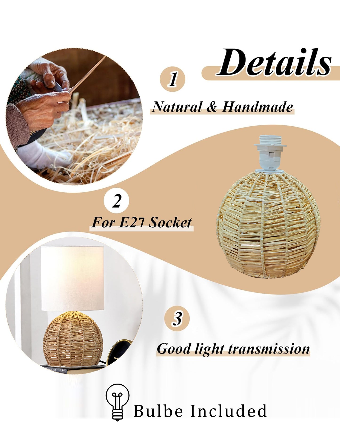 Raffia Rattan Table Lamp, Small Nightstand Lamp with Linen Fabric Lampshade, Desk Lamp Bedside Lamp for Living Room Home Office Round