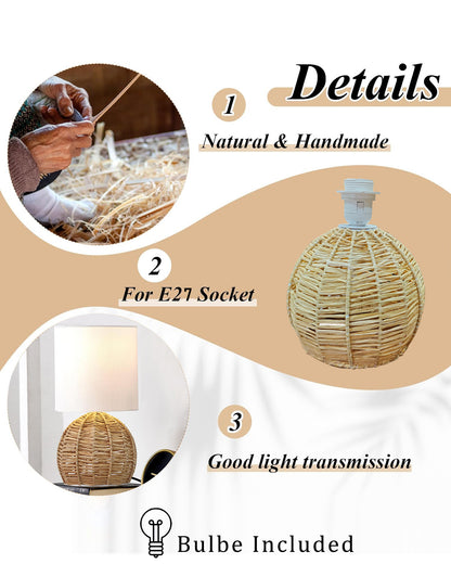 Raffia Rattan Table Lamp, Small Nightstand Lamp with Linen Fabric Lampshade, Desk Lamp Bedside Lamp for Living Room Home Office Round