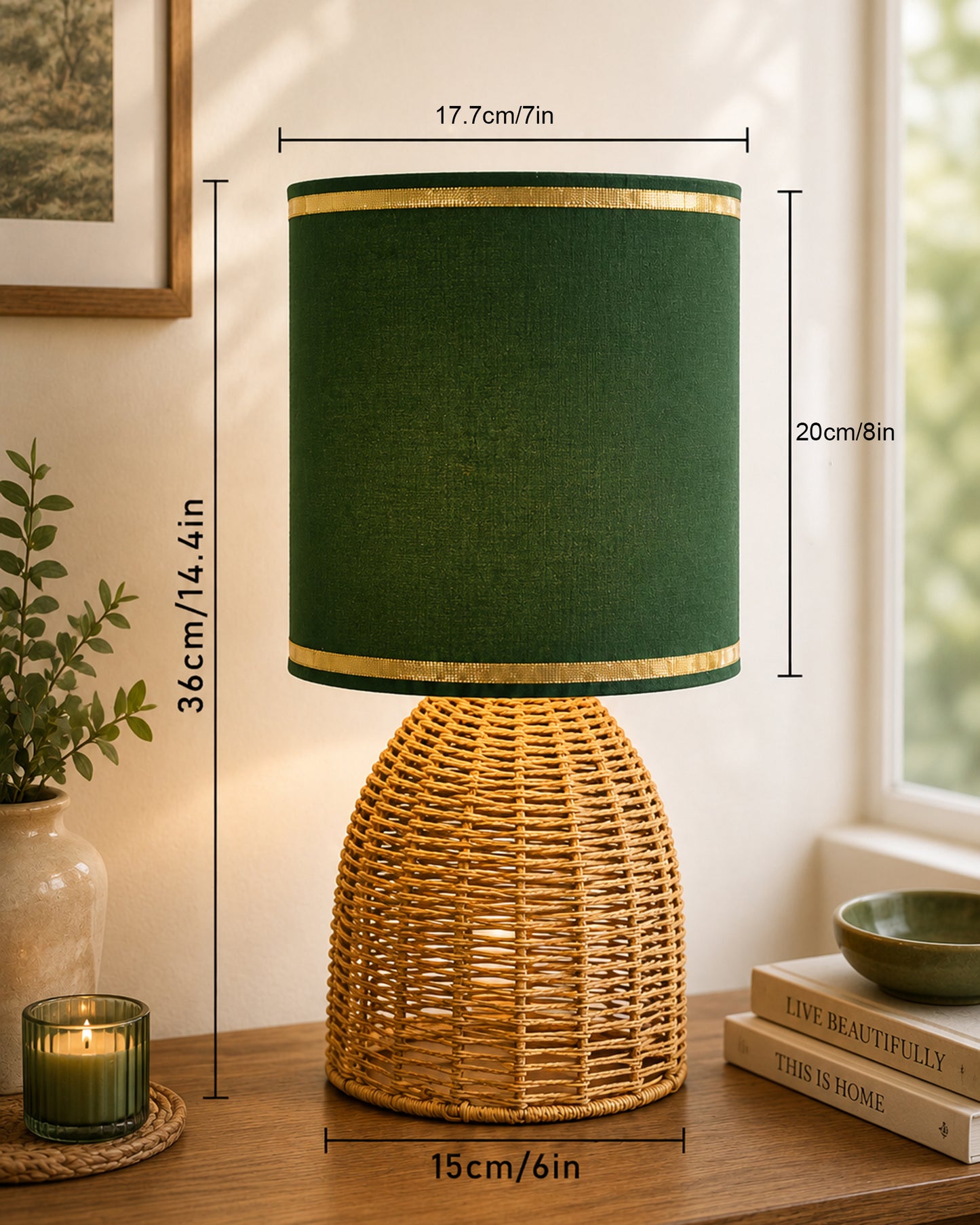 Homesake® Raffia Rattan Table Lamp with Fabric Shade, Small Nightstand Lamp, Natural Wicker Bedside Lamp for Bedroom, Living Room, Study & Home Décor, Livra Collection | E27 Holder
