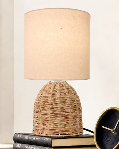 Raffia Rattan Table Lamp, Small Nightstand Lamp with Linen Fabric Lampshade, Desk Lamp Bedside Lamp for Living Room Home Office , Oval