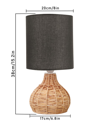 Raffia Rattan Table Lamp, Small Nightstand Lamp with Linen Fabric Lampshade, Desk Lamp Bedside Lamp for Living Room Home Office , Spinning