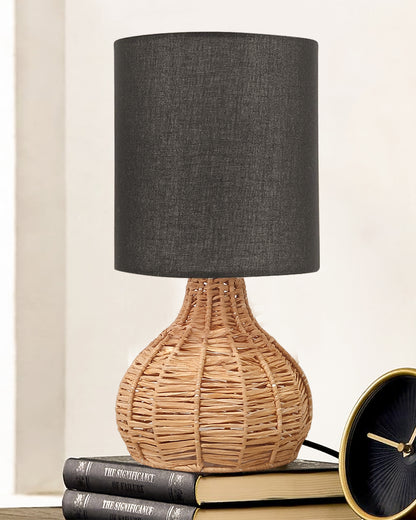 Raffia Rattan Table Lamp, Small Nightstand Lamp with Linen Fabric Lampshade, Desk Lamp Bedside Lamp for Living Room Home Office , Spinning