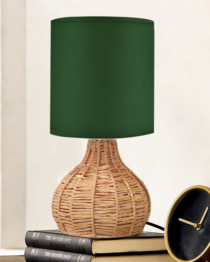 Raffia Rattan Table Lamp, Small Nightstand Lamp with Linen Fabric Lampshade, Desk Lamp Bedside Lamp for Living Room Home Office , Spinning