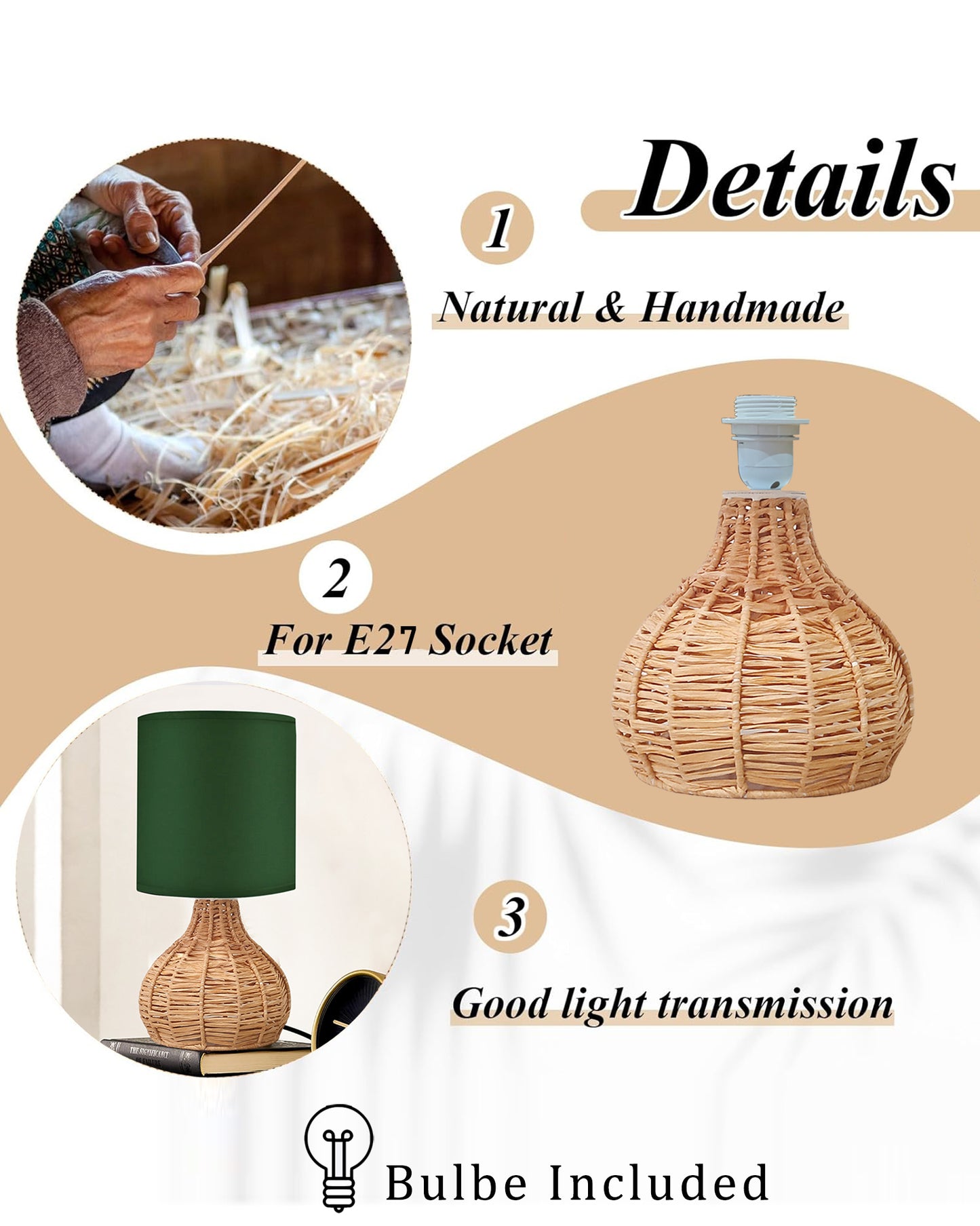 Raffia Rattan Table Lamp, Small Nightstand Lamp with Linen Fabric Lampshade, Desk Lamp Bedside Lamp for Living Room Home Office , Spinning