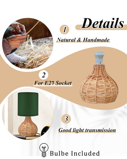 Raffia Rattan Table Lamp, Small Nightstand Lamp with Linen Fabric Lampshade, Desk Lamp Bedside Lamp for Living Room Home Office , Spinning