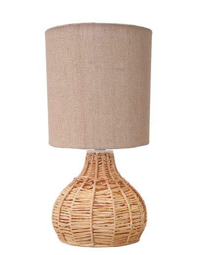 Raffia Rattan Table Lamp, Small Nightstand Lamp with Linen Fabric Lampshade, Desk Lamp Bedside Lamp for Living Room Home Office , Spinning
