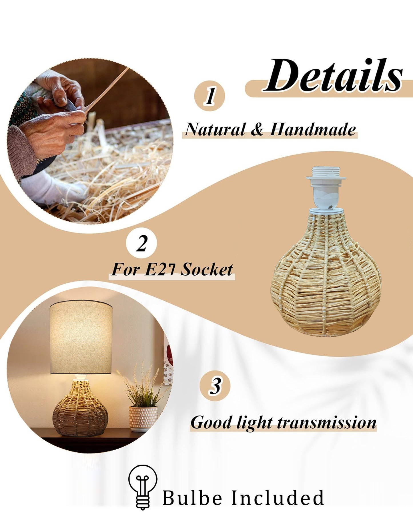 Raffia Rattan Table Lamp, Small Nightstand Lamp with Linen Fabric Lampshade, Desk Lamp Bedside Lamp for Living Room Home Office , Spinning