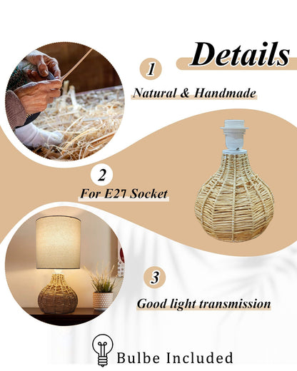 Raffia Rattan Table Lamp, Small Nightstand Lamp with Linen Fabric Lampshade, Desk Lamp Bedside Lamp for Living Room Home Office , Spinning