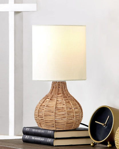 Raffia Rattan Table Lamp, Small Nightstand Lamp with Linen Fabric Lampshade, Desk Lamp Bedside Lamp for Living Room Home Office , Spinning