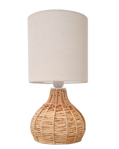 Raffia Rattan Table Lamp, Small Nightstand Lamp with Linen Fabric Lampshade, Desk Lamp Bedside Lamp for Living Room Home Office , Spinning