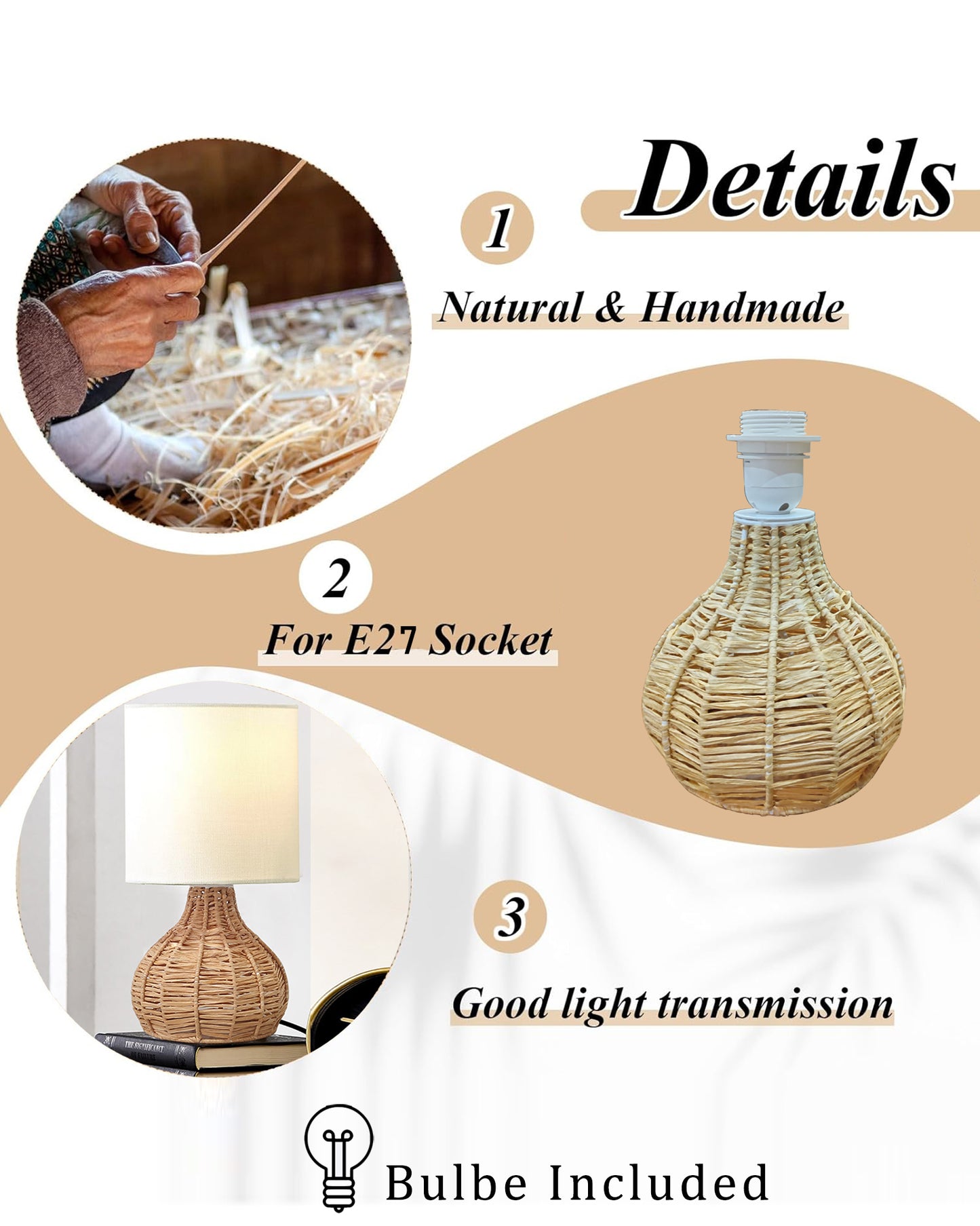 Raffia Rattan Table Lamp, Small Nightstand Lamp with Linen Fabric Lampshade, Desk Lamp Bedside Lamp for Living Room Home Office , Spinning