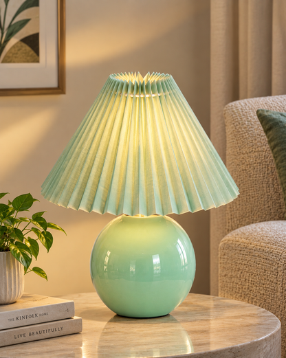 Bedside White Ceramic Table Lamp, Classic Desk lamp for Living Room Bedroom, Farmhouse Nightstand Lamps Round with Jute Pleated Shade