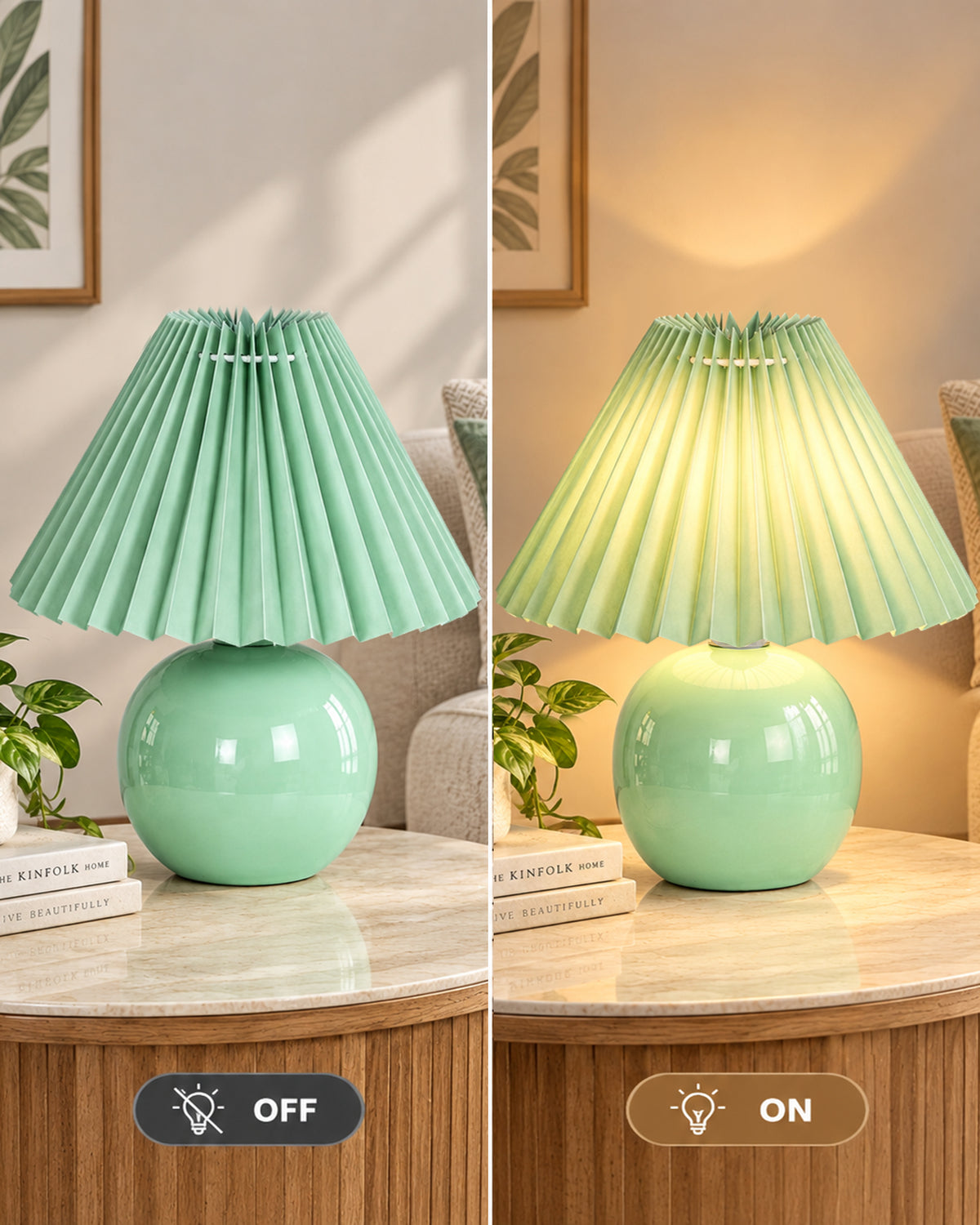 Bedside White Ceramic Table Lamp, Classic Desk lamp for Living Room Bedroom, Farmhouse Nightstand Lamps Round with Jute Pleated Shade
