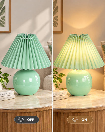 Bedside White Ceramic Table Lamp, Classic Desk lamp for Living Room Bedroom, Farmhouse Nightstand Lamps Round with Jute Pleated Shade