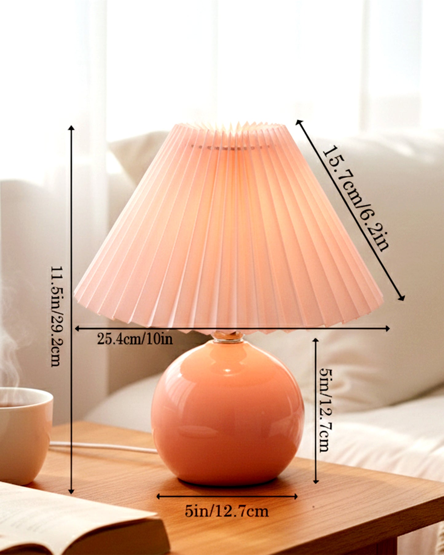 Bedside White Ceramic Table Lamp, Classic Desk lamp for Living Room Bedroom, Farmhouse Nightstand Lamps Round with Jute Pleated Shade