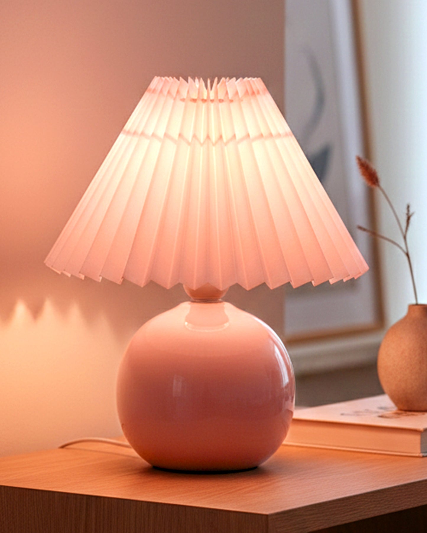 Bedside White Ceramic Table Lamp, Classic Desk lamp for Living Room Bedroom, Farmhouse Nightstand Lamps Round with Jute Pleated Shade